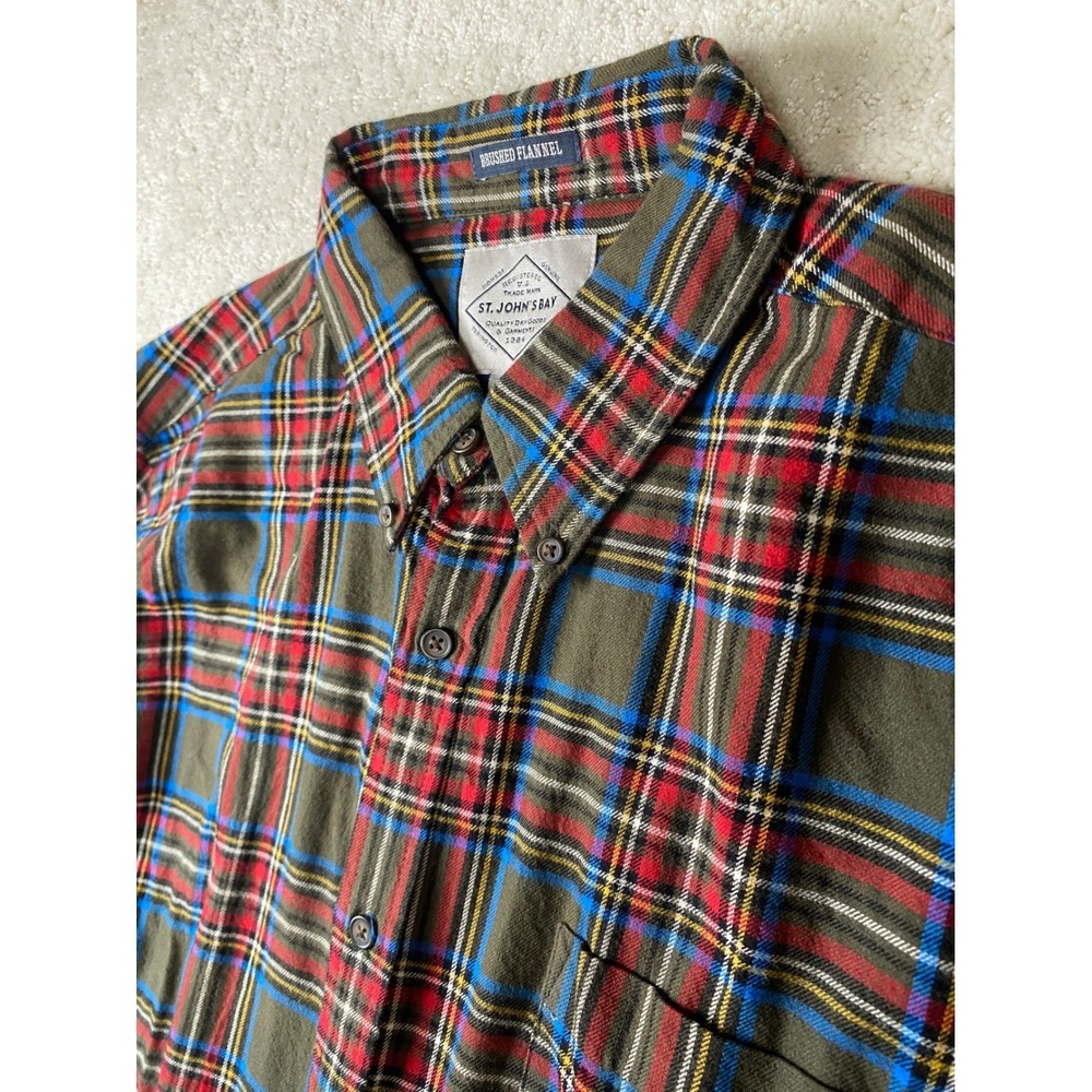 St Johns Bay Brushed Flannel Mens L Red Tartan Plaid Cotton Button Down Heavy